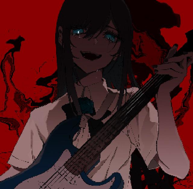 ORIHARA art of Ado smiling and crying, holding a guitar. Red background